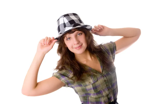 Girl in a checkered hat — Stock Photo, Image