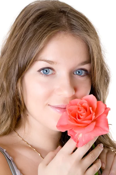 Lány vörös rózsával — Stock Fotó