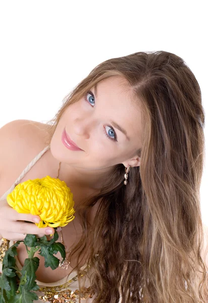 Girl with a yellow flower — Stock Photo, Image
