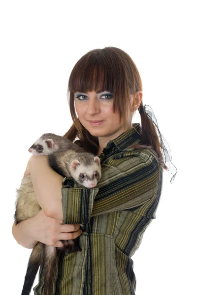 Girl with two domestic polecats — Stock Photo, Image