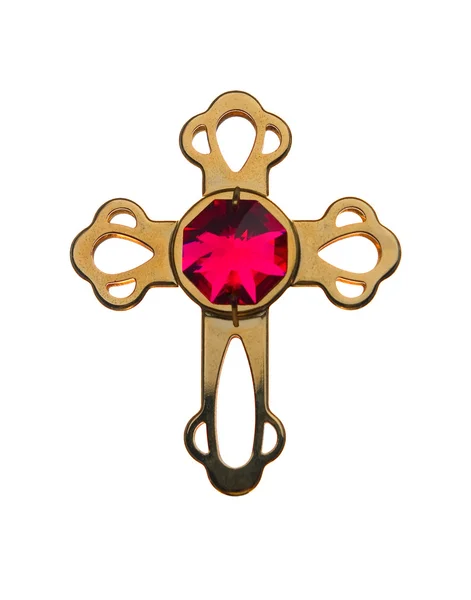 Golden Cross with pink jewel on white ba — Stock Photo, Image
