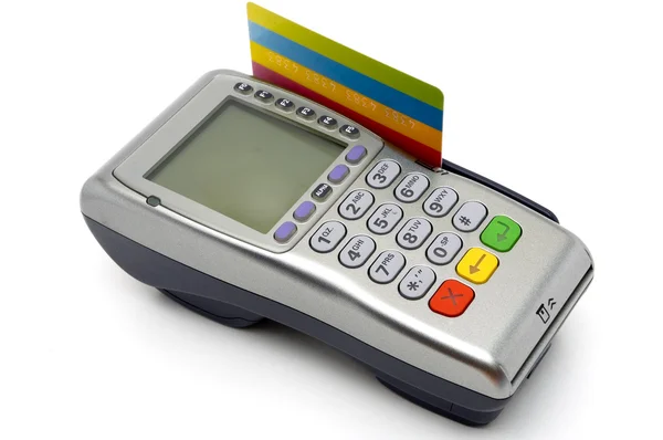 Pos-Terminal mit eingesteckter Kreditkarte — Stockfoto