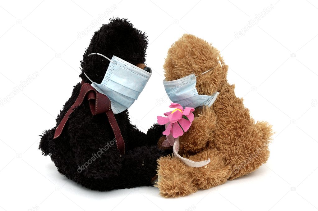 Teddy bears talking in masks