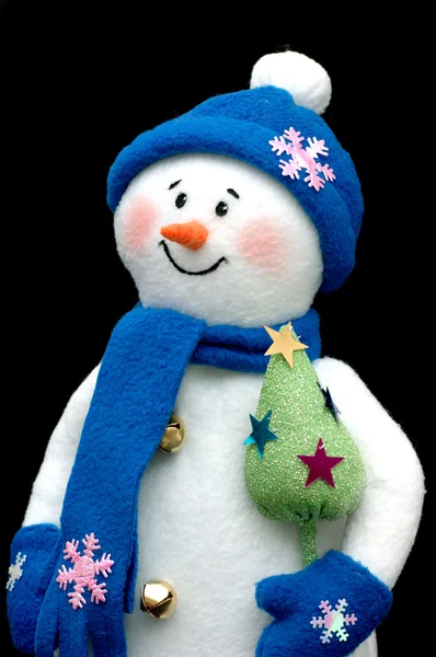 Boneco de neve artesanal sobre preto — Fotografia de Stock