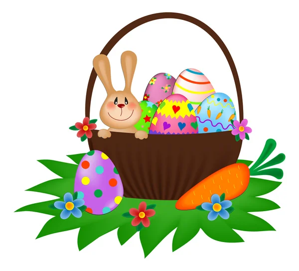 Velikonoční zajíček s malovaná vajíčka v košíku — Stockový vektor