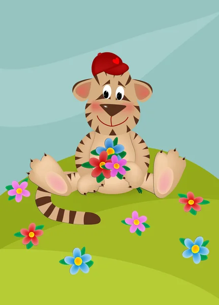 Tiger with bouquet of flowers — Stock Vector
