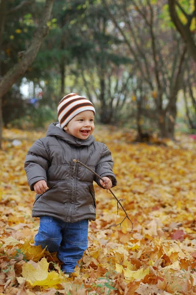 Ευτυχία παιδί παίζει στο δάσος Εικόνα Αρχείου