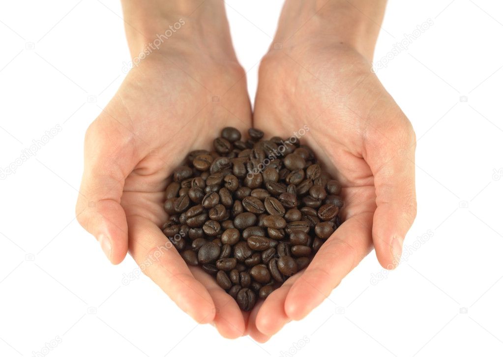 Hands holding a scoop of coffee beans