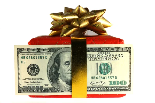 Gift box with 100 dollars banknote — Stock Photo, Image