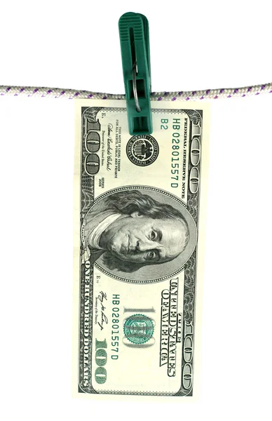 100 banknote hanging on a clothes line — Stock Photo, Image