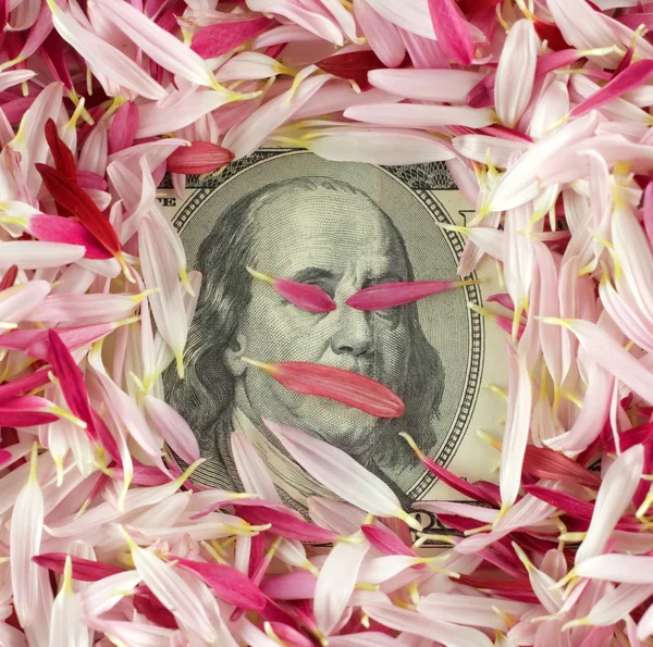 Banconota da 100 sotto petali rosa — Foto Stock