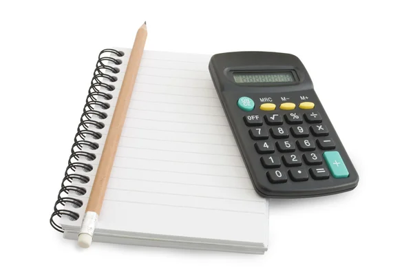 Anteckningsbok och penna, en miniräknare — Stockfoto