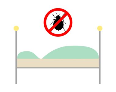 Prohibition sign for bedbugs above a bed clipart