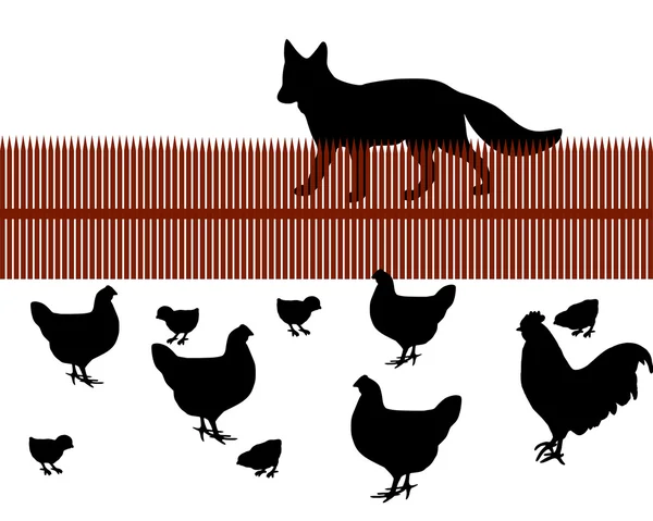 Lis za płotem, patrząc na kurczaka — Zdjęcie stockowe