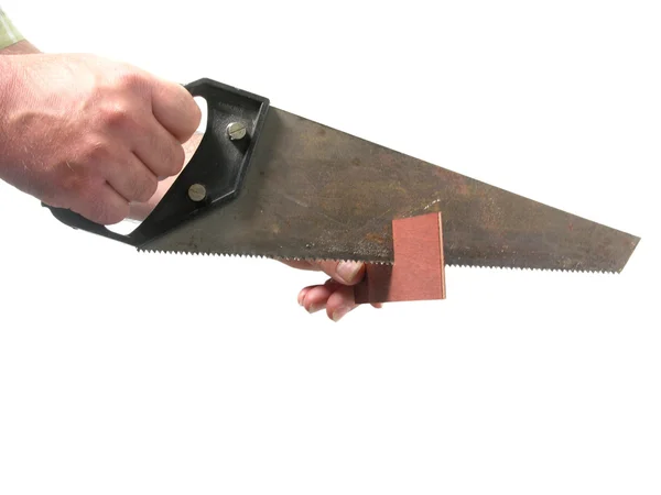 Cutout with hand and hand saw on white b — Stock Photo, Image