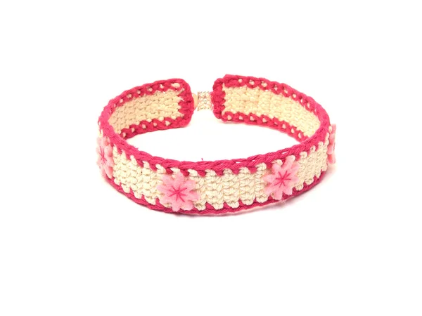 Hand worked crocheted collar with pink b — Stock Photo, Image