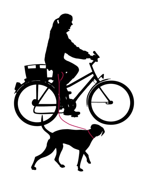 Woman on bicycle with dog on leash — Stock Photo, Image