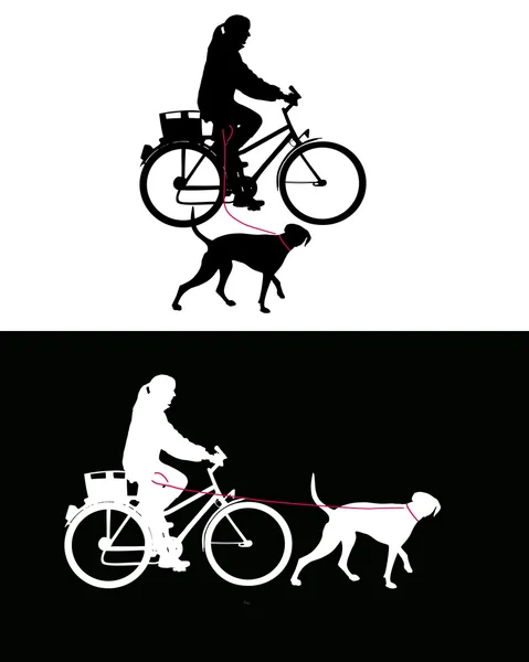 Kvinnor på cykel med hund på koppel — Stockfoto