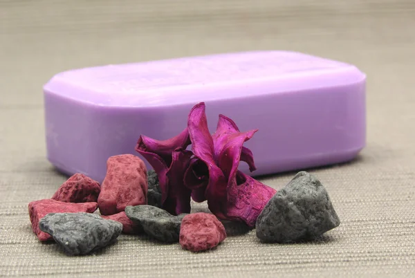 Lilac soap with decoration articles on a — Stock Photo, Image