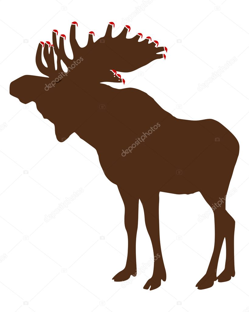 Elk with Santa Claus caps looking forwar
