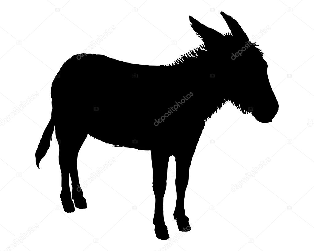 The black silhouette of a donkey on whit
