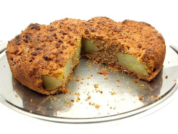 Torta di pera integrale affettata su una torta pl — Foto Stock
