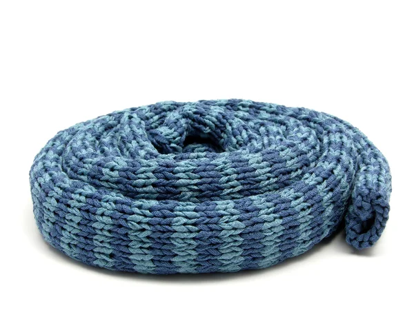 Blue striped reeled up knitting scarf — Stock Photo, Image