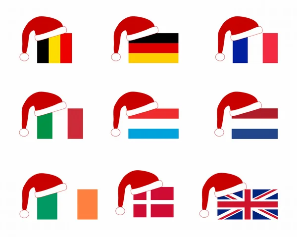 Flaga dziewięć krajów z WPR santas — Zdjęcie stockowe
