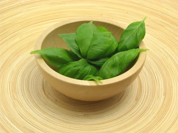 Wooden bowl with basil — Stock Photo, Image