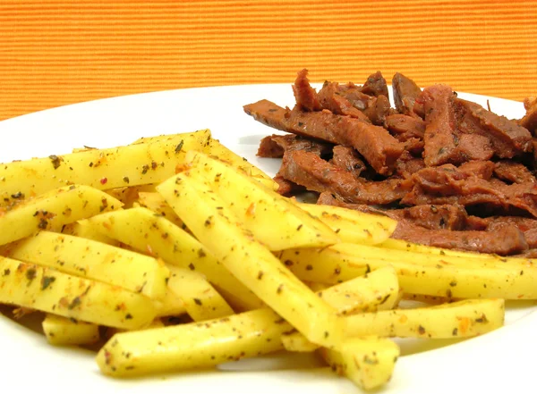 Soy Geschnetzeltes and french fries — Stock Photo, Image