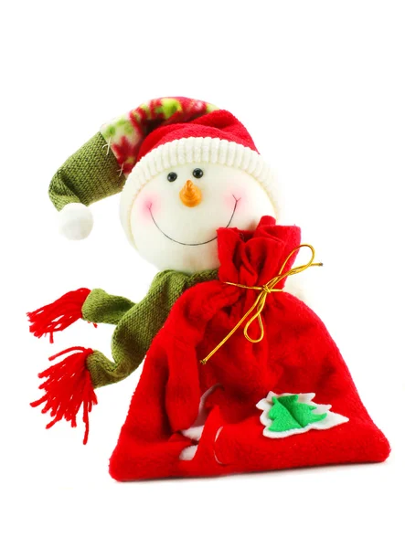 Weihnachten Schneemann mit Sack voller Geschenke — Stockfoto