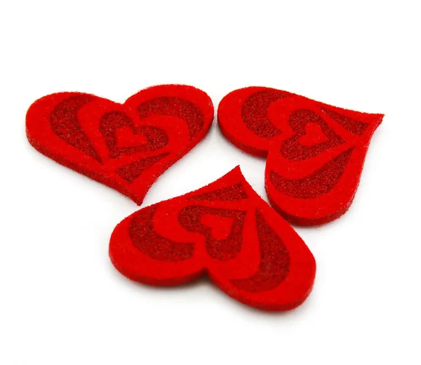 Τρεις καρδιές κατασκευασμένη από ύφασμα — Φωτογραφία Αρχείου