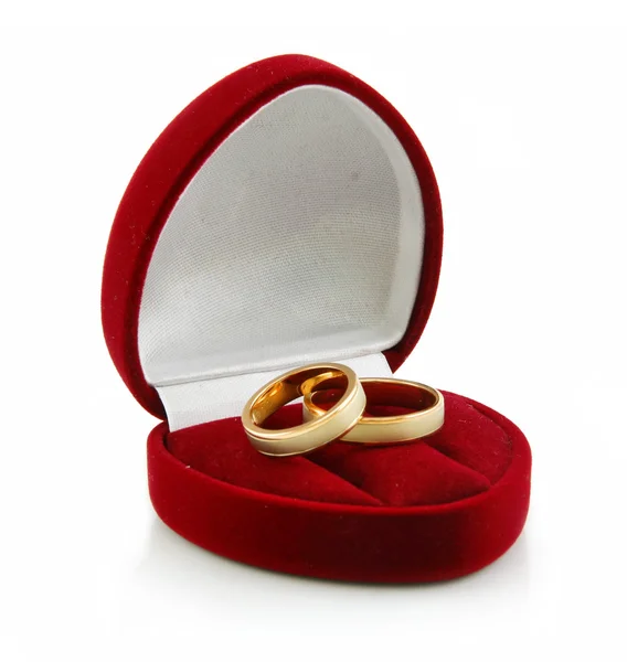 Golden Rings in Heart-Shaped Box Isolate — Stock Photo, Image