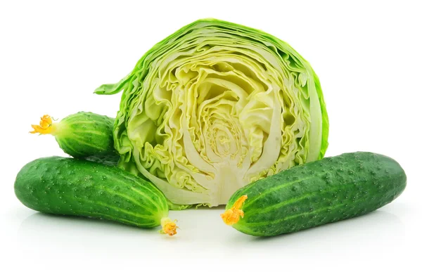 Ripe Cabbage and Cucumbers Isolated on W — Stock Photo, Image