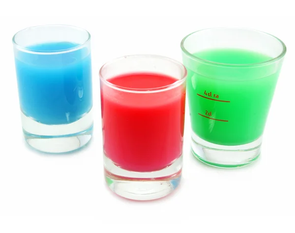 Três vasos com substância ácida isolados sobre fundo branco — Fotografia de Stock