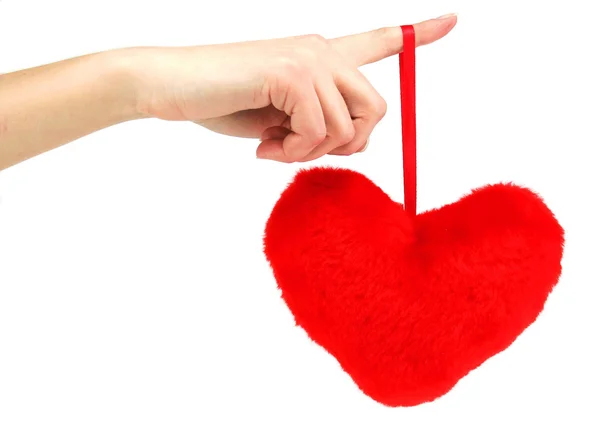 Rode houten hart opknoping neer van femal — Stockfoto
