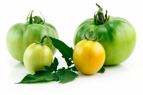 Кучка спелых желтых помидоров с зеленым — стоковое фото