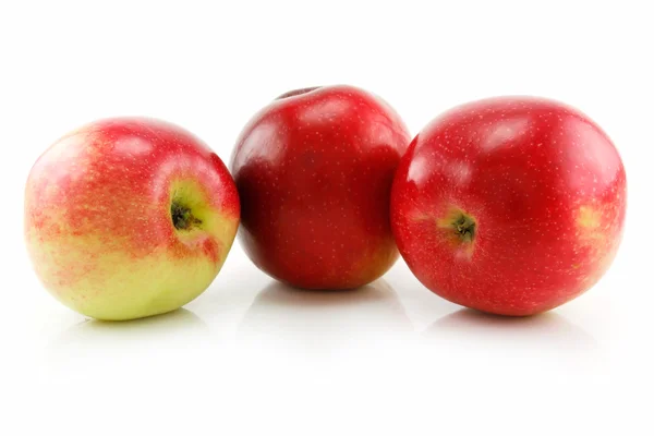 Izole üzerinde bir satırda üç olgun Kırmızı elma — Stok fotoğraf
