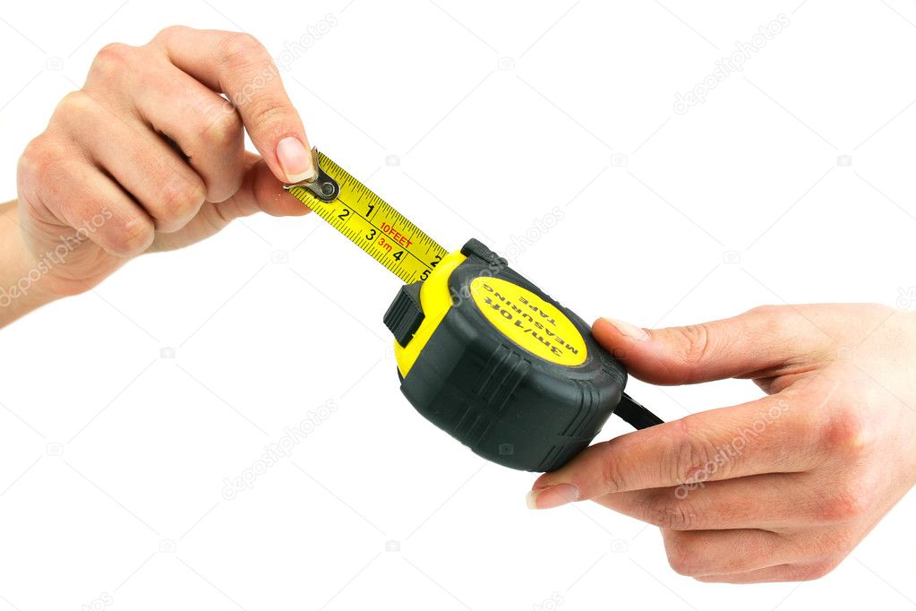 Female hands holds measuring tape