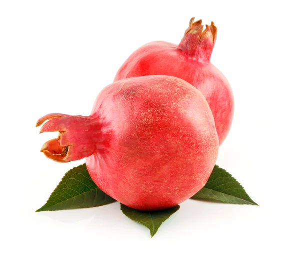 Reife rote Granatäpfel Früchte mit Blättern — Stockfoto