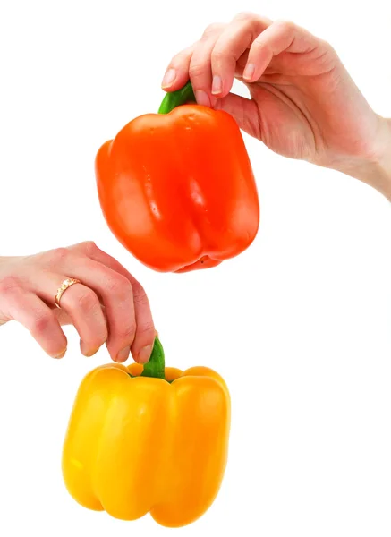 Ženské ruce drží dvě barevné papriky — Stock fotografie