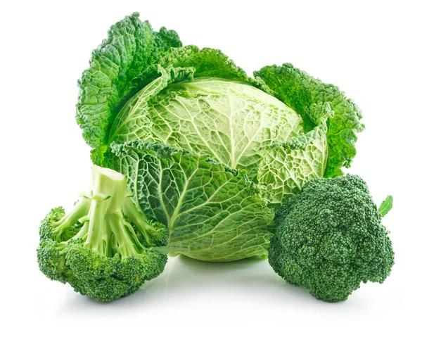 Broccoli maturi e cavolo verza isolati — Foto Stock