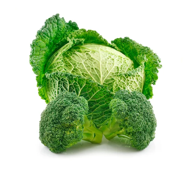Ripe Broccoli and Savoy Cabbage Isolated on Whit — Stock Photo, Image