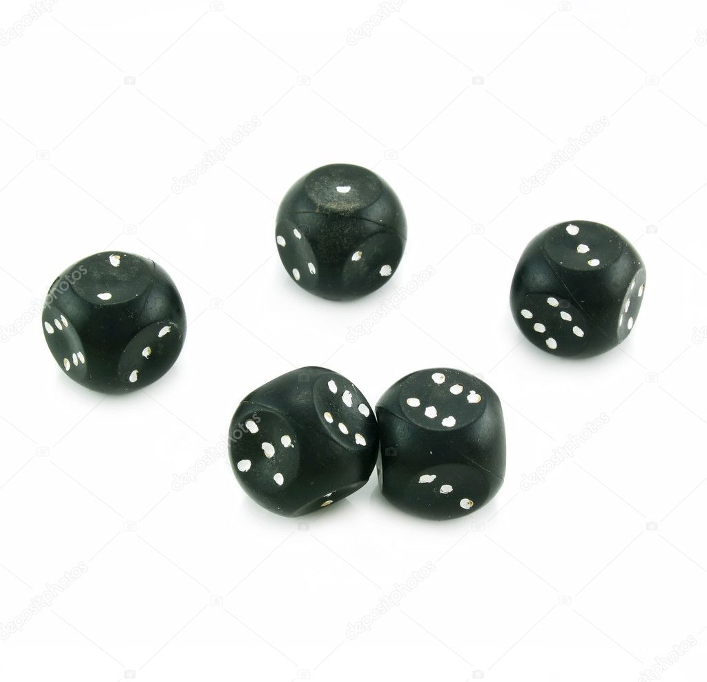 Five black plastic dices