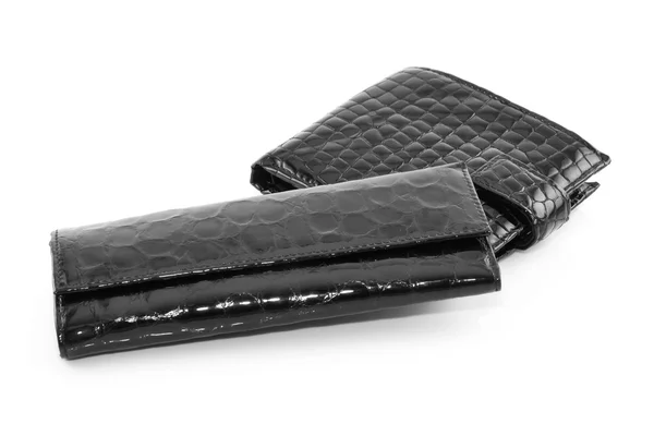 Fekete bőr pénztárca, kulcsok és pénztárca elszigetelt — Stock Fotó