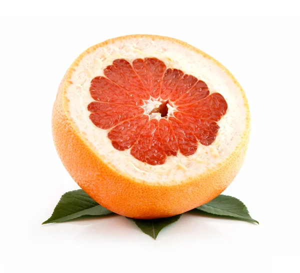 Ripe Sliced Grapefruit with Leaves Isolated on W — Stock Photo, Image