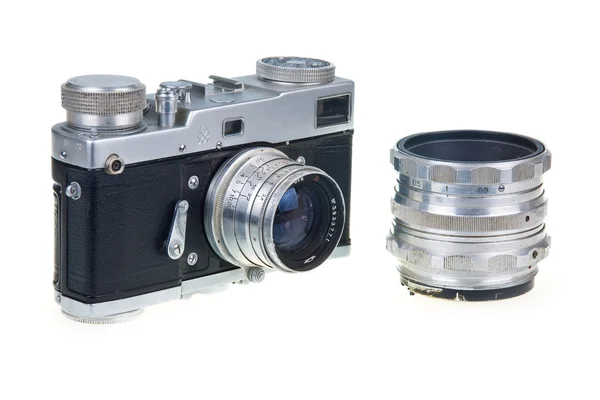 Oude filmcamera en lens geïsoleerd — Stockfoto