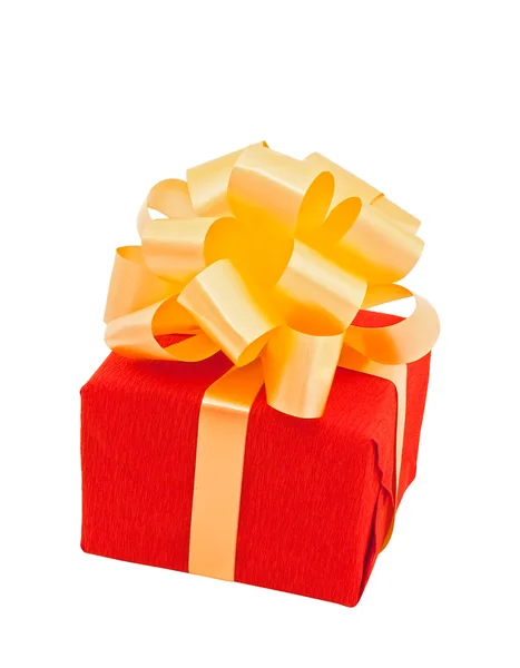 Red gift box with beige bow — Stock Photo, Image