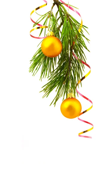 Pine branch, gouden ballen en klatergoud — Stockfoto