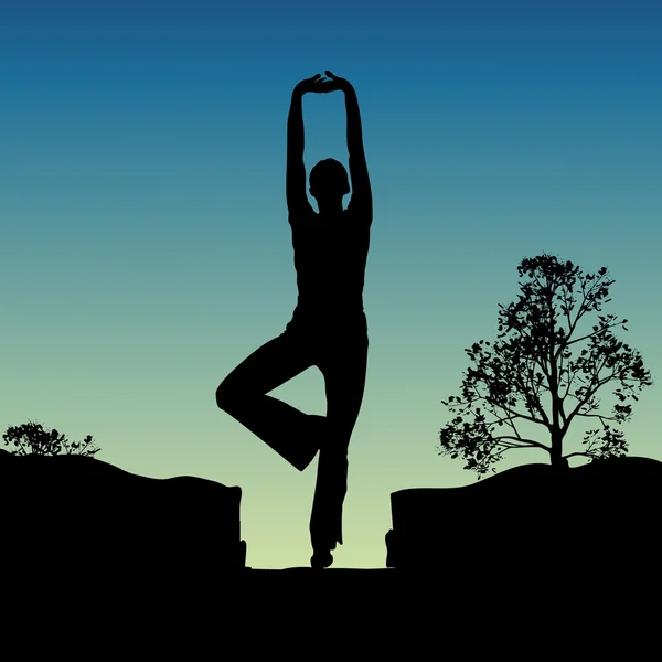 Sylwetka widok człowieka robi joga — Zdjęcie stockowe